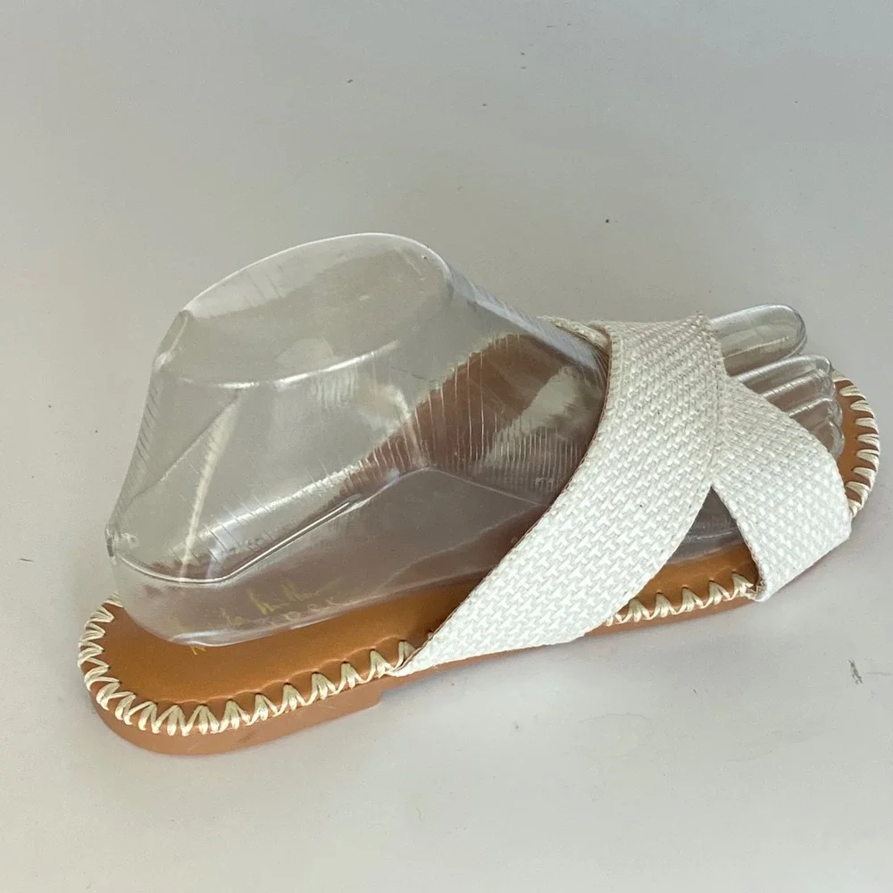 Nicole Miller New York Colie Cream Woven Crisscross Whipstitch Slide Sandals 7